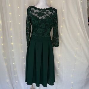 Miusol Dark Green Lace Bodice Midi Dress